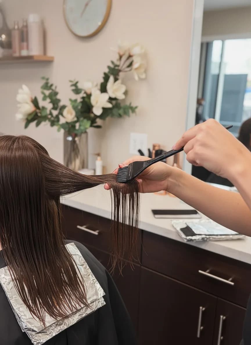 Custom all-over hair color being applied at Magnolia Mane salon in Goodyear, AZ