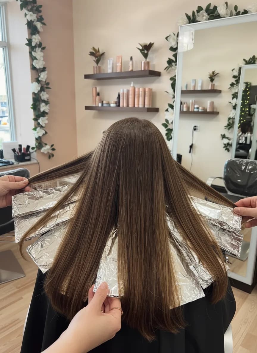 Hand-painted foil highlights creating soft, dimensional blonde at Magnolia Mane in Goodyear, AZ