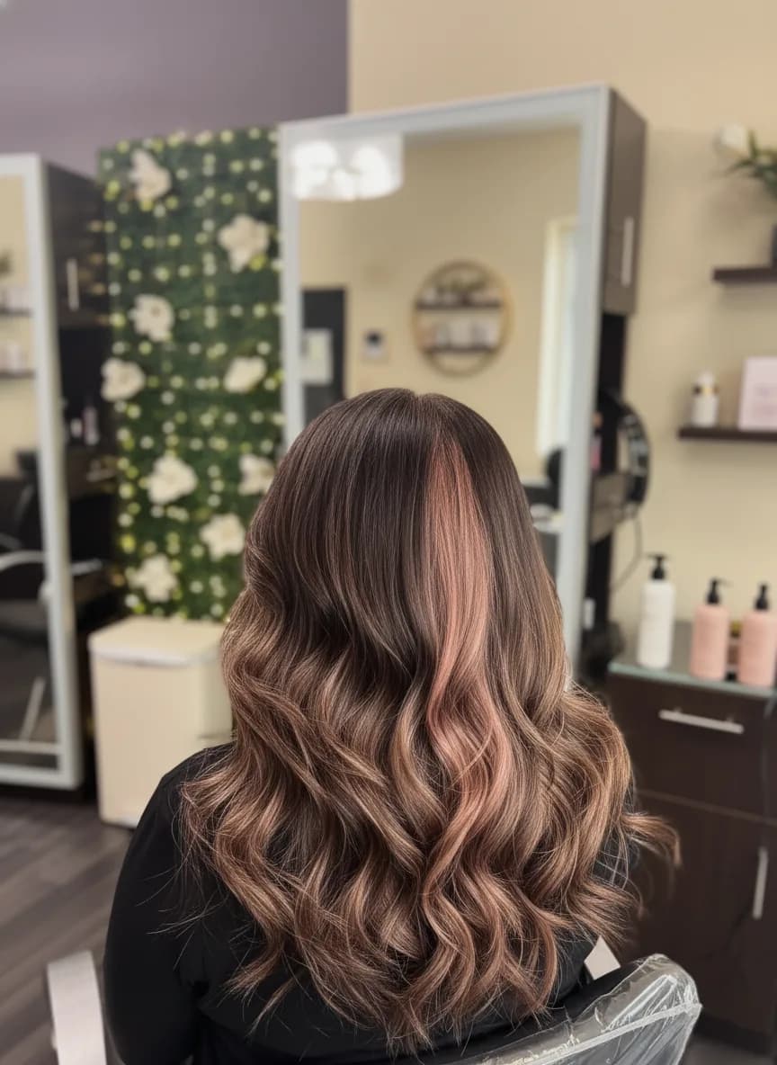 Hidden peek-a-boo highlights tucked beneath the top layer of hair at Magnolia Mane in Goodyear, AZ