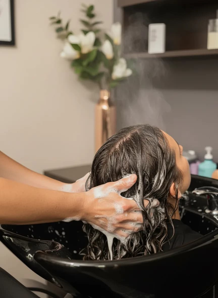Relaxing shampoo at the wash station of Magnolia Mane salon in Goodyear, AZ